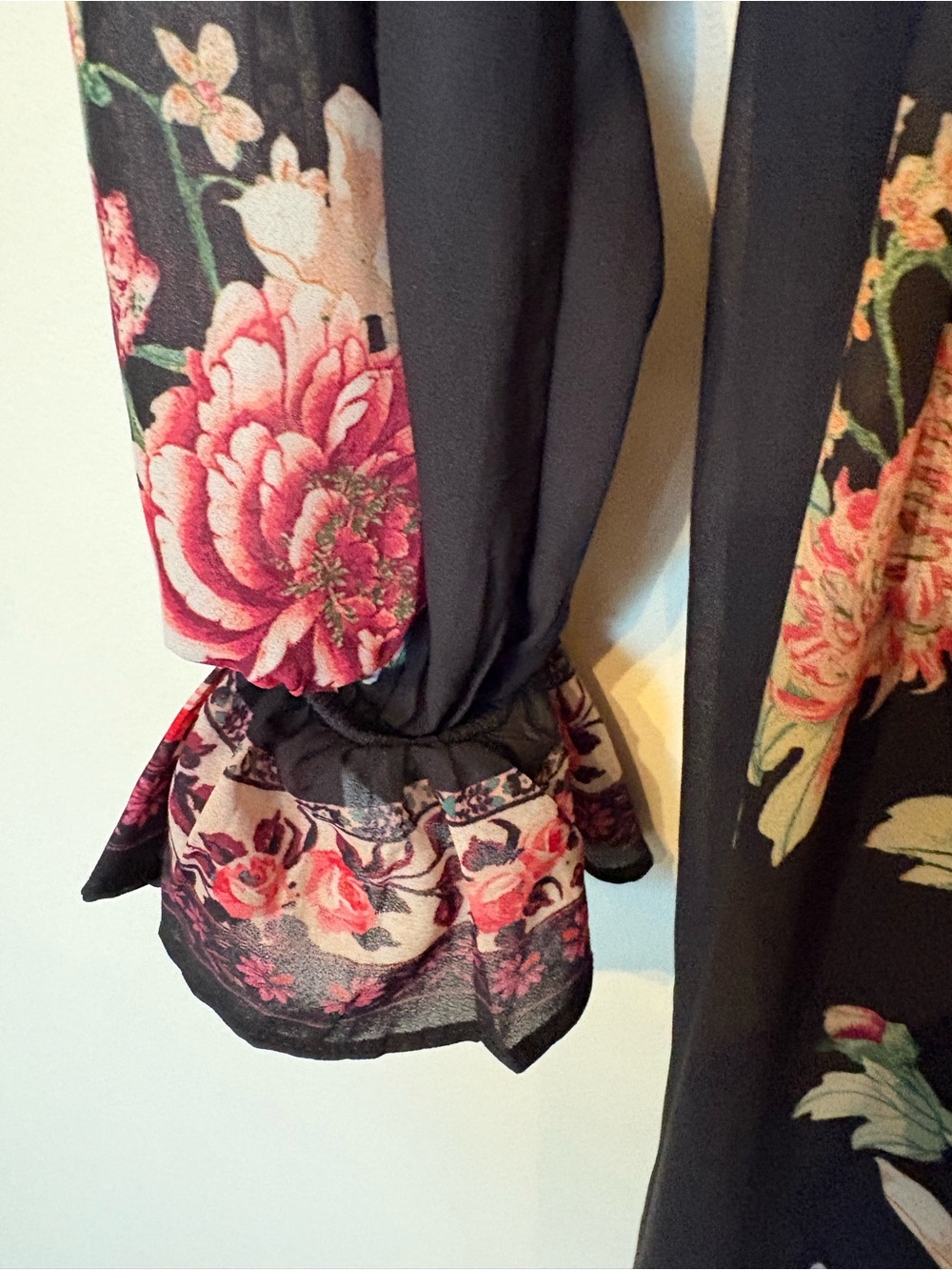 Altar'd State Black Floral V-Neck Tiered Maxi with Pink and Orange Blooms - Picture 5 of 7